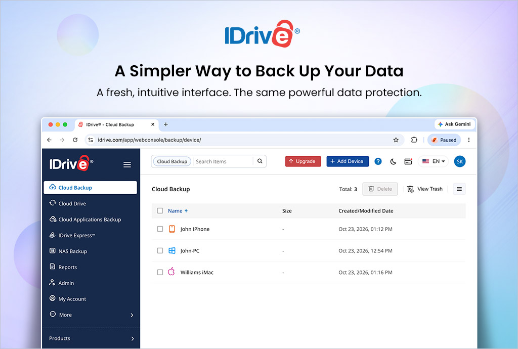 The new IDrive web interface showing the backup dashboard and features.